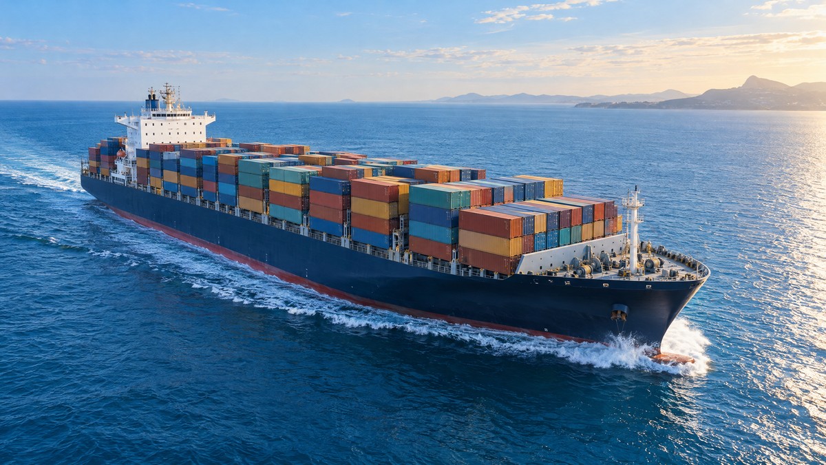 Container ship carrying cargo across blue ocean waters