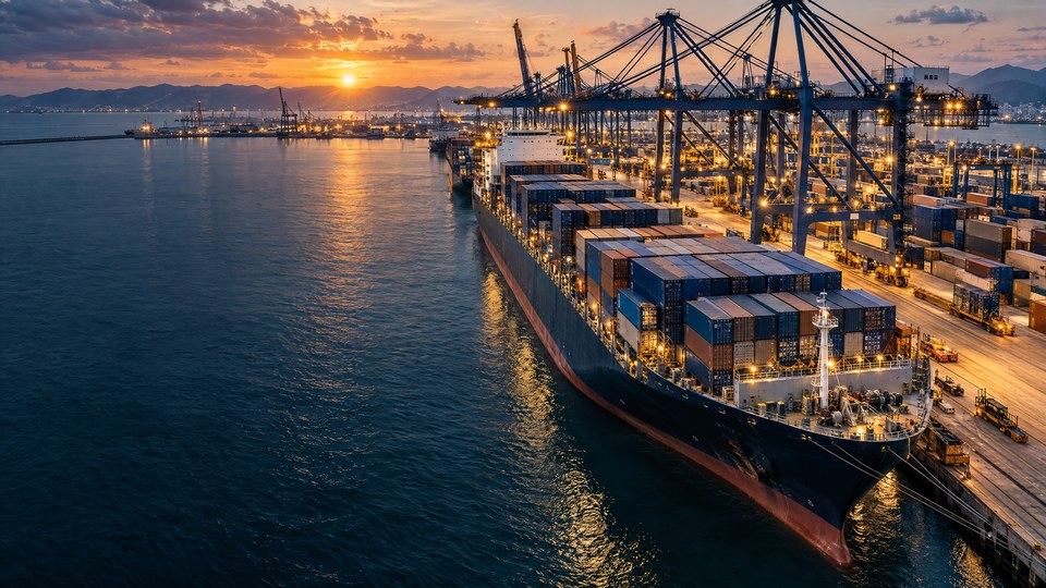 Container ship and cranes at a shipping port at sunset