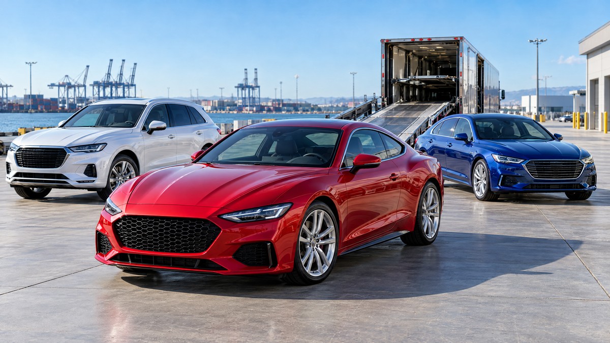 Ruby-red coupe and premium vehicles ready for collection