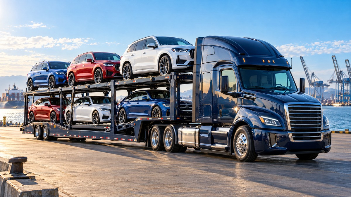 Premium navy-blue open vehicle transporter carrying cars