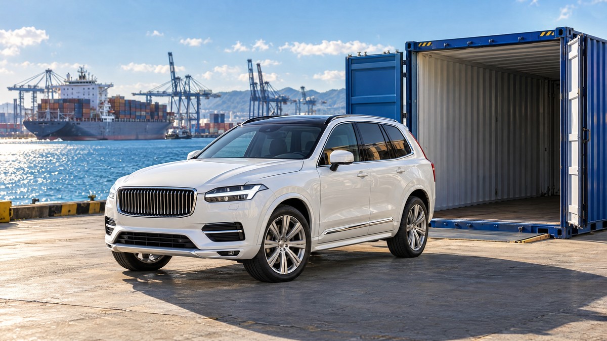 Pearl-white SUV beside an open shipping container at a port