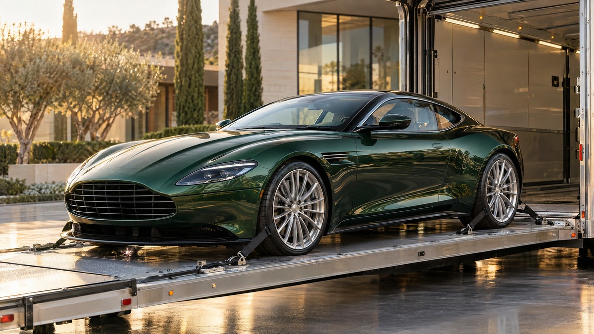 Emerald-green luxury sports coupe on a vehicle loading platform